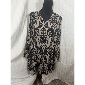 Zig Zag Stripe Tan Black Damask Cold Shoulder V-Neck Tunic Top XL